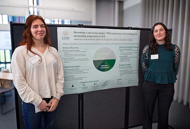 [Translate to English:] The photo with two doctoral students pictures Elena De Wachter (to the left, a doctoral student in English literature) and Sophia Juul (to the right, a doctoral student in English language and linguistics). 