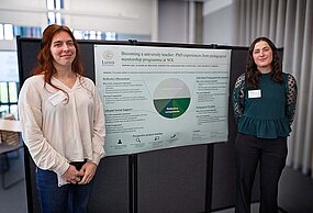 The photo with two doctoral students pictures Elena De Wachter (to the left, a doctoral student in English literature) and Sophia Juul (to the right, a doctoral student in English language and linguistics). 